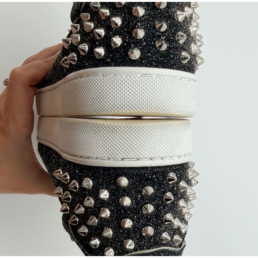 Christian Louboutin Vieira 2 Low Top Sneaker Black Glitter Silver Spikes EU 41 - Picture 14 of 15